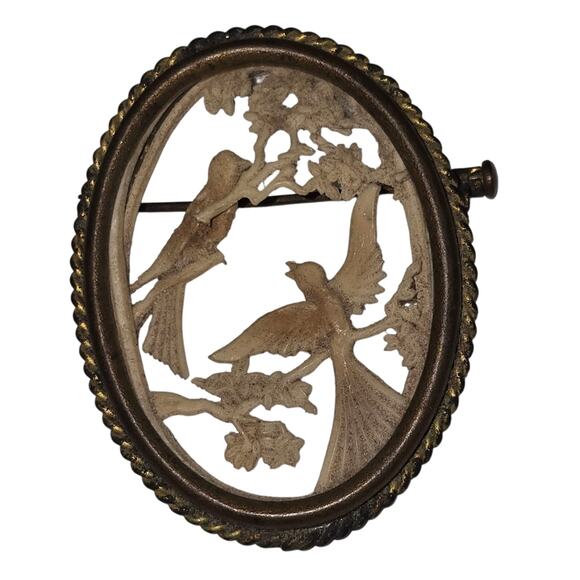 Depose France Celluloid Gold Bird Oval Brooche Ornate Carved Antique Read - Picture 1 of 8